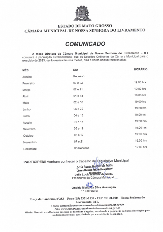 Agenda das Sessões Ordinárias 2023